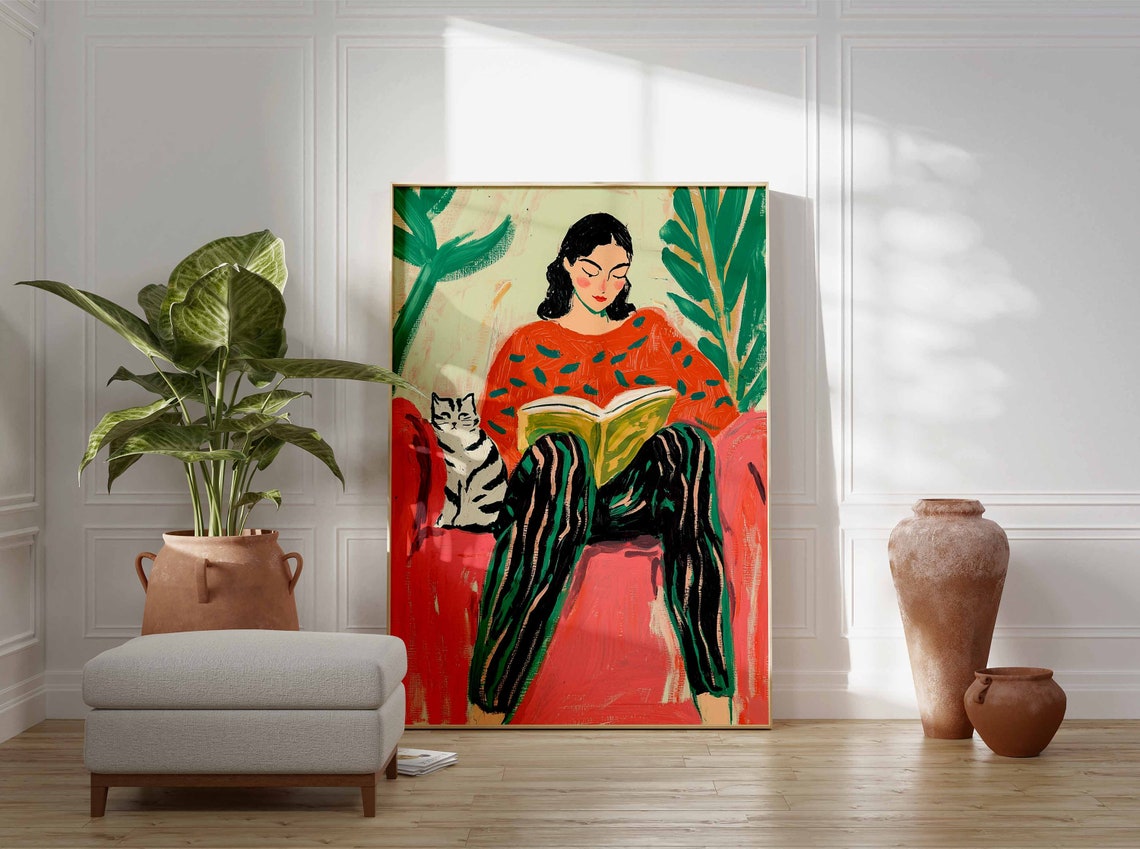Woman Reading Book With Tabby Cat Colorful Botanical Art Poster - Image 2
