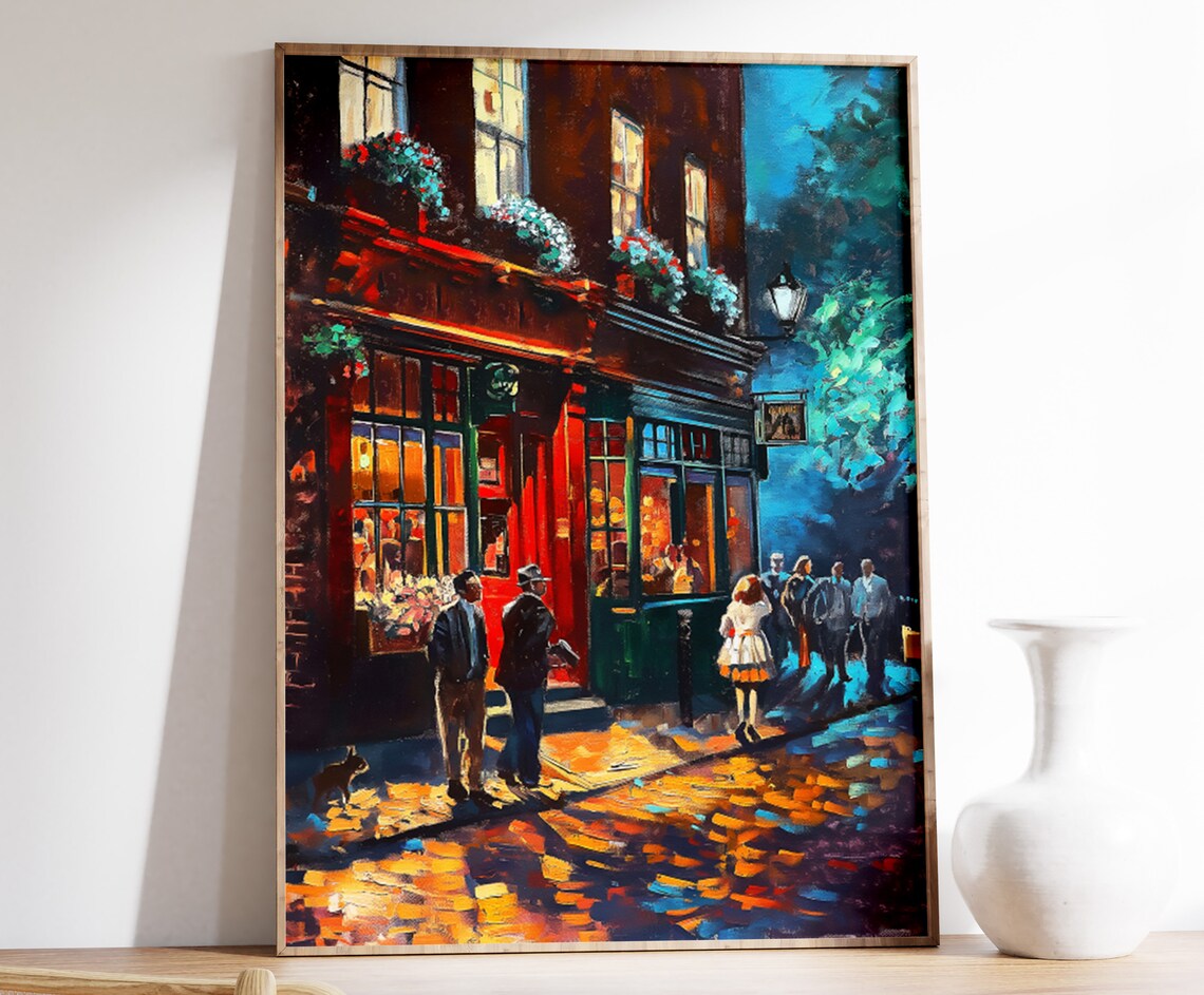 Night Pub Street Scene Warm Windows Wet Cobblestone Painting Poster