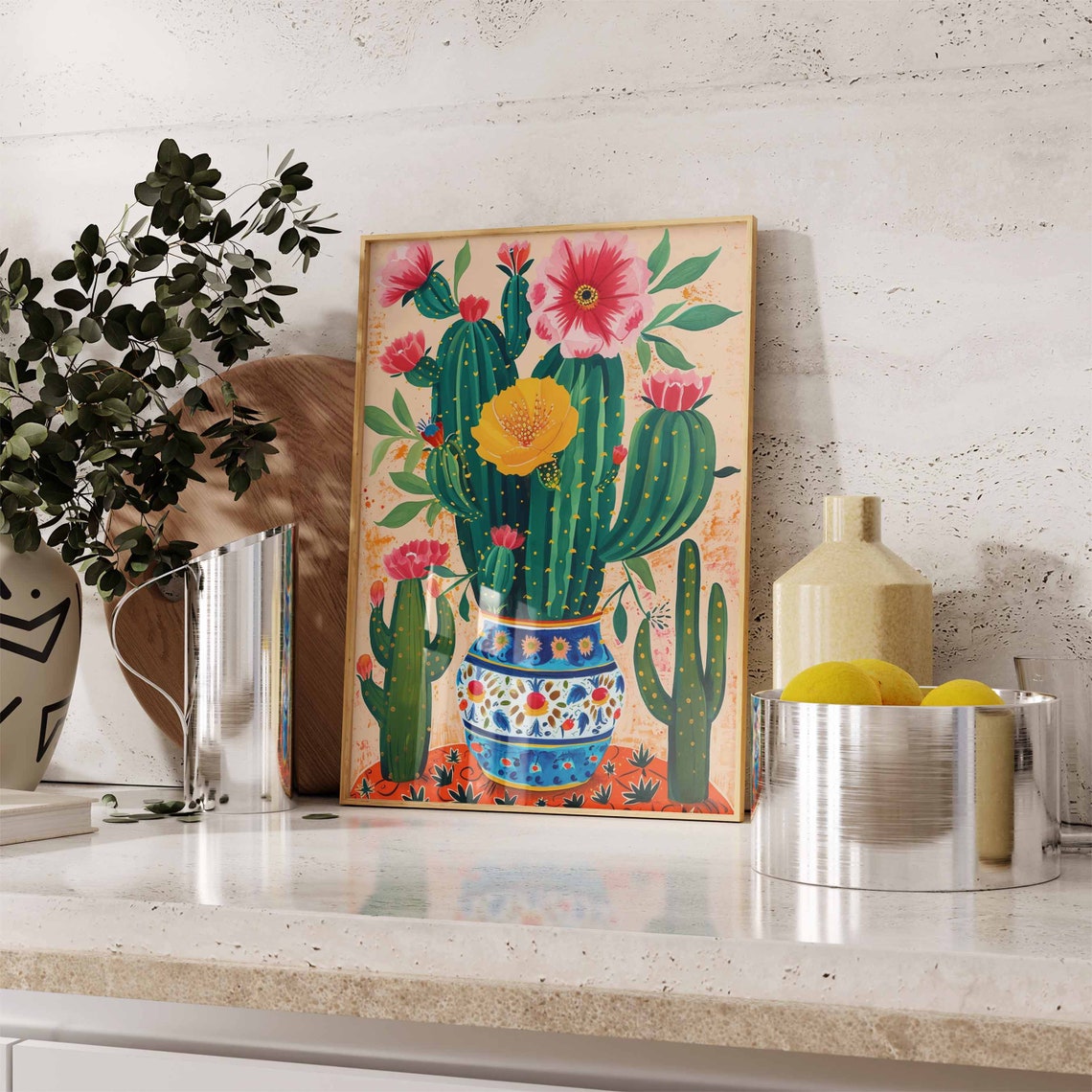 Flowering Cacti In Painted Talavera Vase Folk Art Poster Gift - Image 2