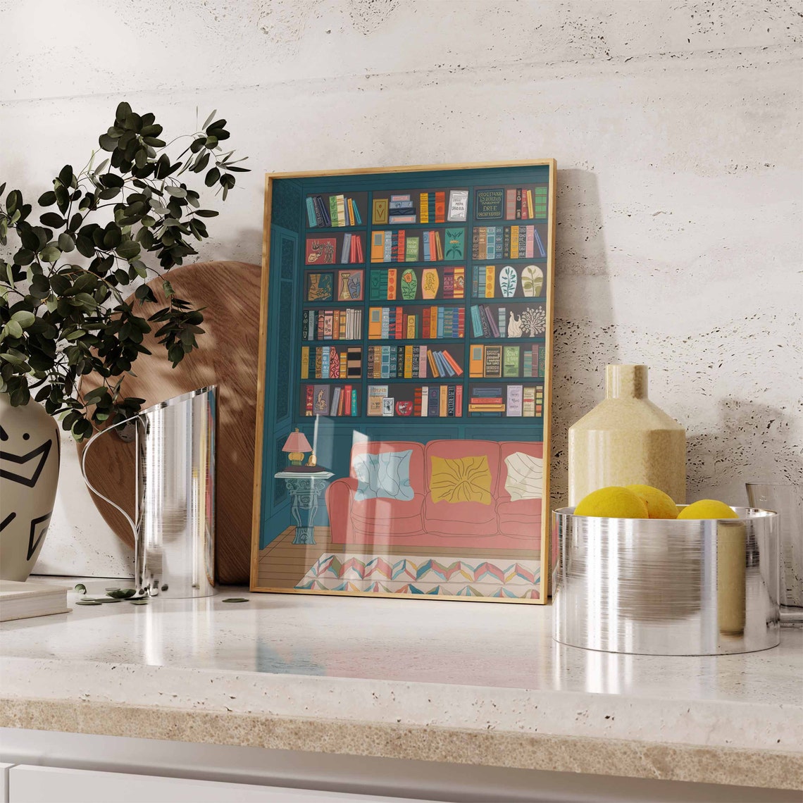 Teal Library With Red Sofa Cozy Reading Room Wall Decor Poster - Image 2