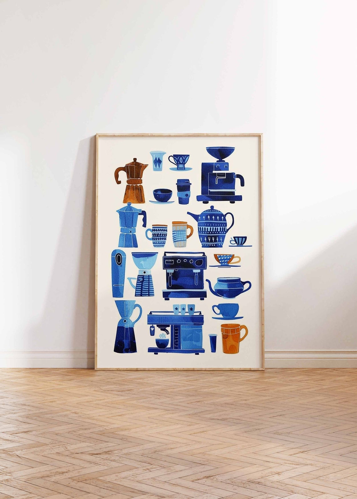 Retro Coffee Maker Moka Pot Chart Blue Watercolor Cafe Poster - Image 3