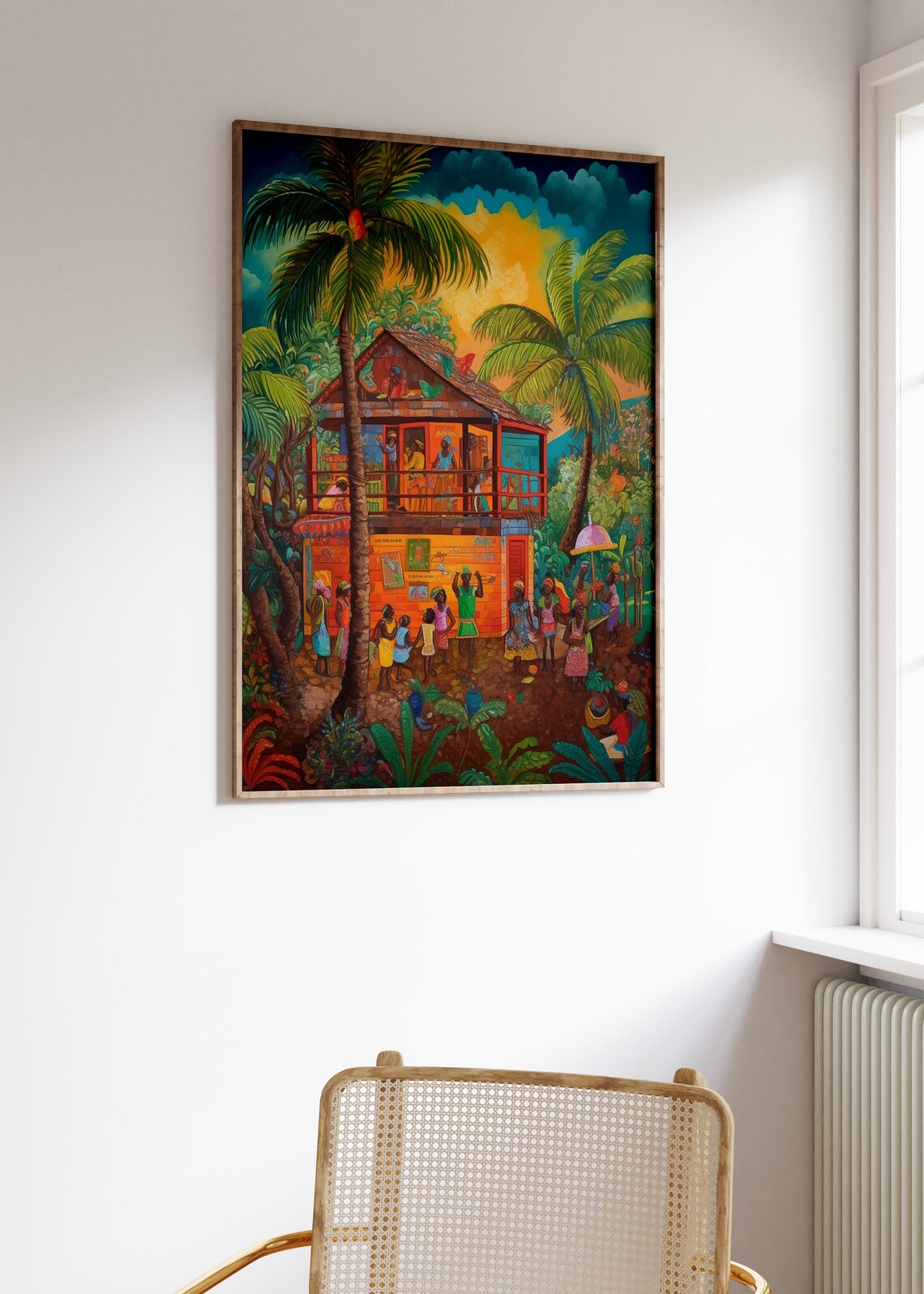 Caribbean Village Palm Trees Colorful Folk Art Island Life Poster - Image 3