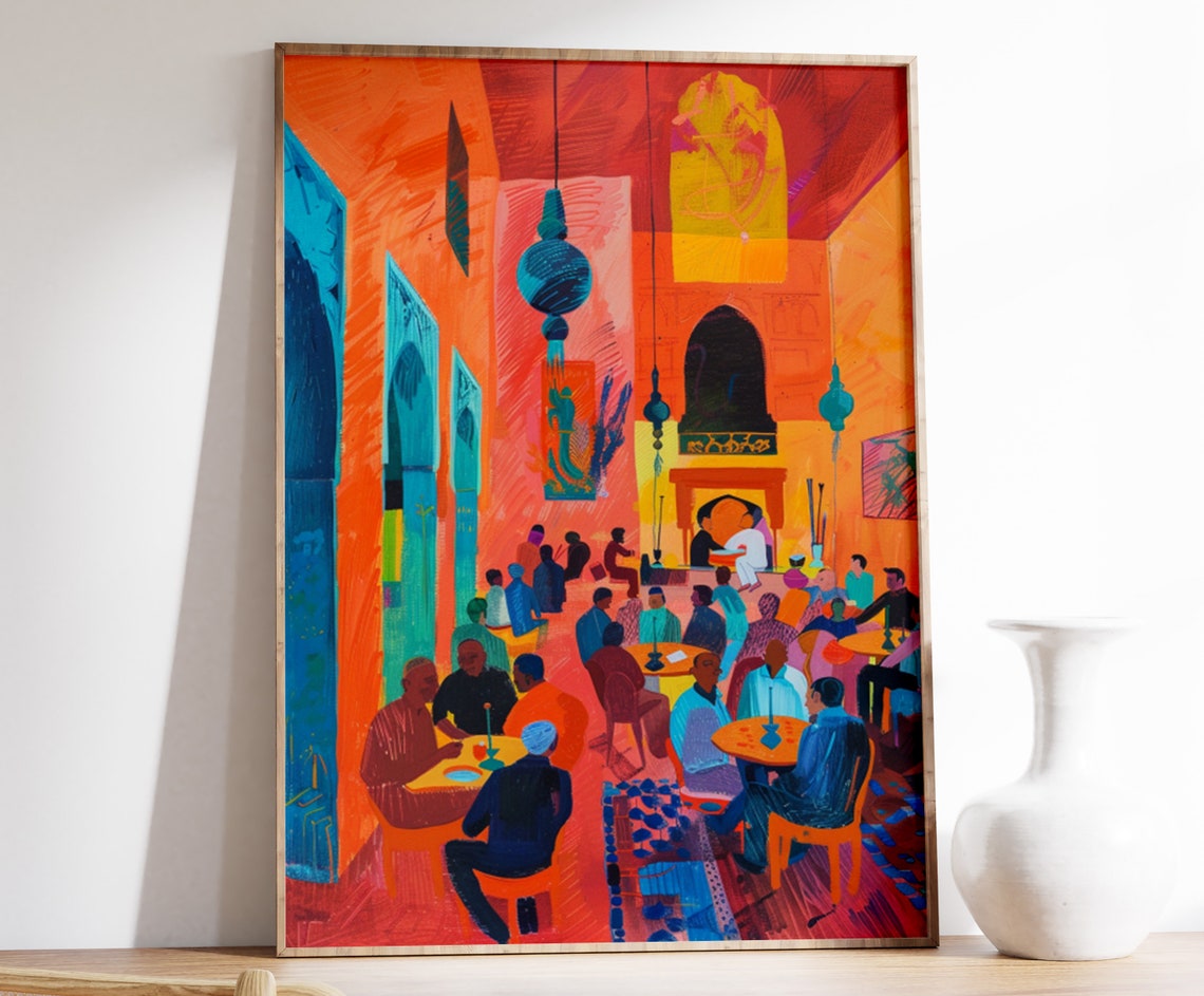Bustling Moroccan Restaurant Red Orange Lantern Scene Poster