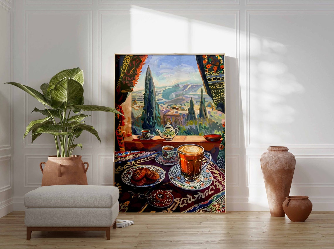 Teapot Tea Set Cookies Mountain Cypress View Patterned Art Poster - Image 3