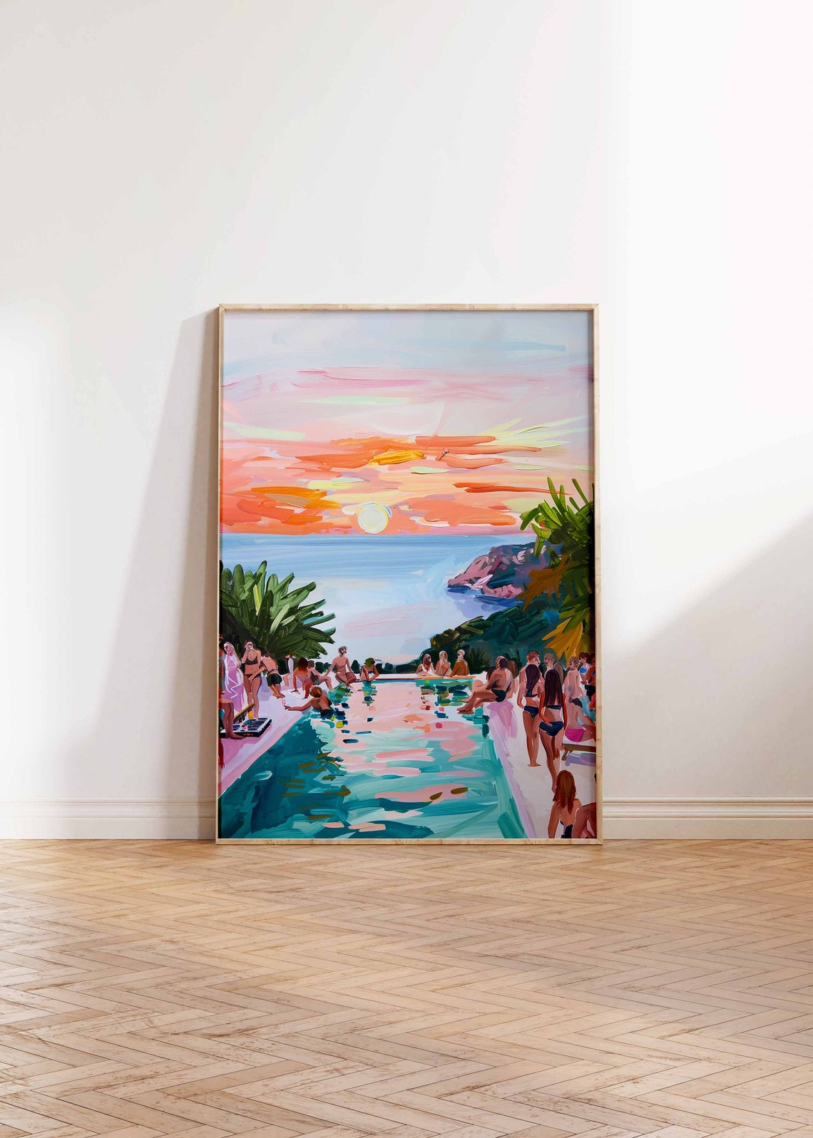 Pink Sunset Pool Party Crowd Infinity Pool Sea View Art Poster - Image 3