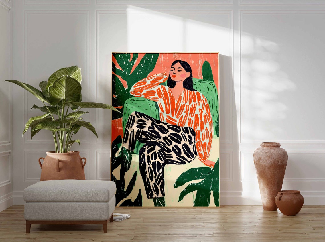 Reclining Woman Orange Blouse Black Patterned Pants Art Poster - Image 2