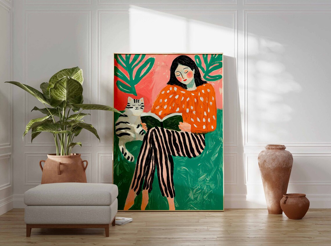 Woman Reading With Tabby Cat Orange Dotted Blouse Art Poster - Image 2