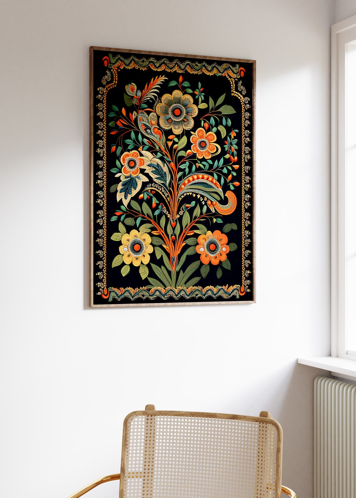 Vibrant Indian Floral Folk Art Black Background Decorative Poster - Image 3