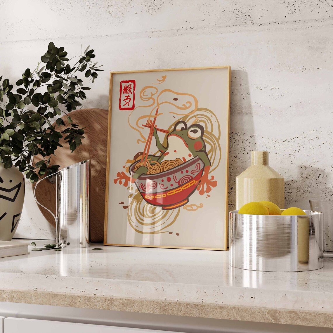 Japanese Frog Eating Ramen Noodles Bowl Cute Animal Art Poster - Image 3