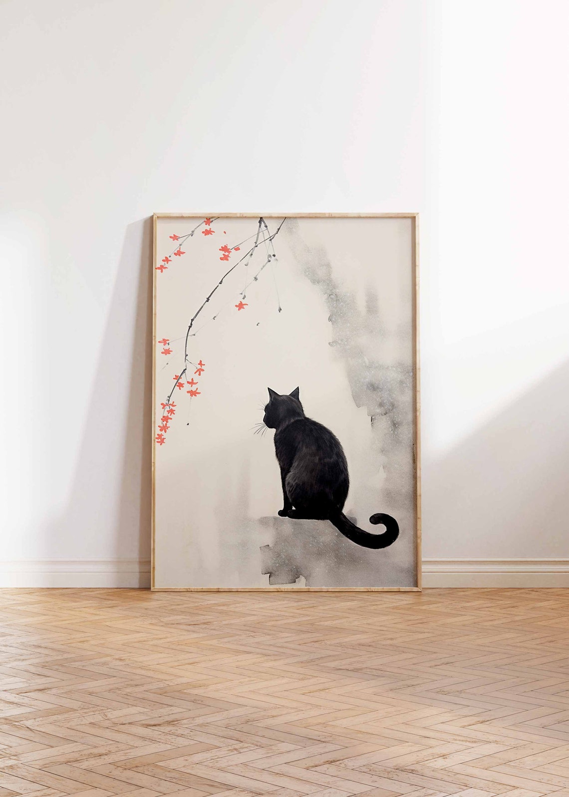 Japanese Black Cat Watching Red Maple Branch Ink Wash Poster - Image 2