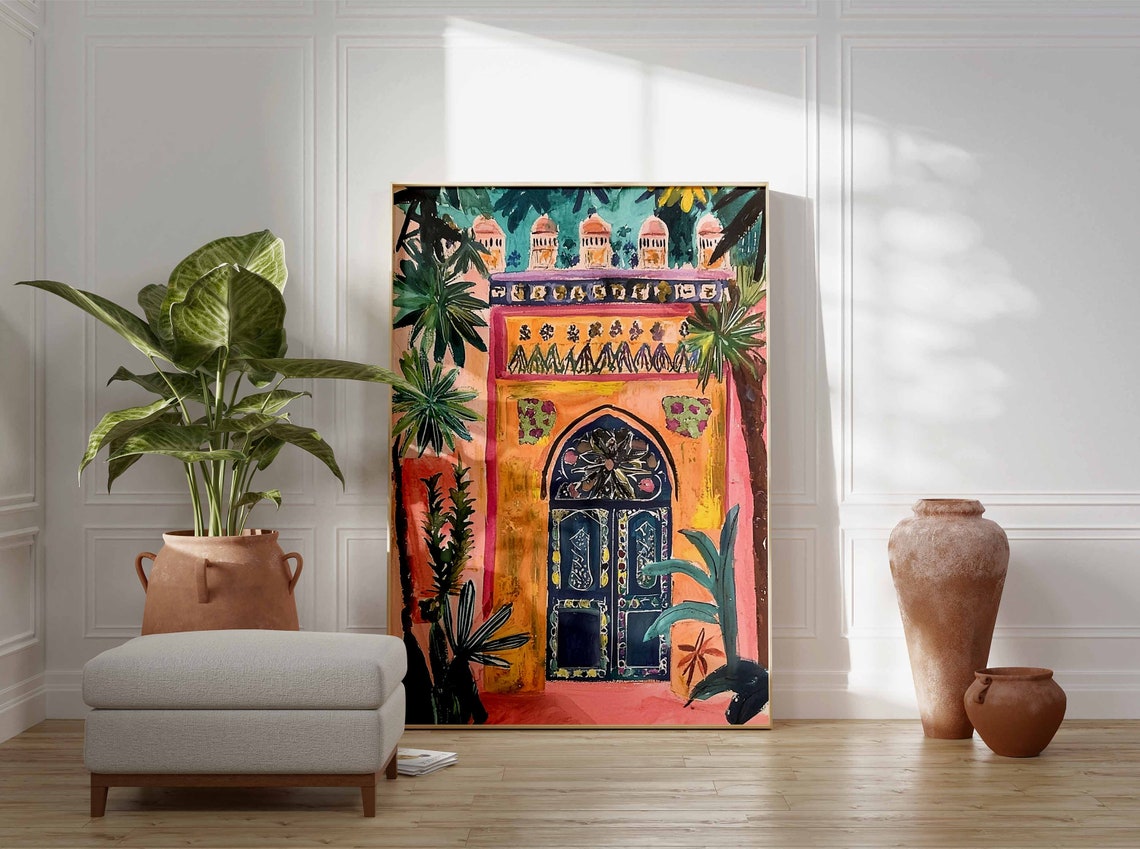 Colorful Palace Entry Pink Walls Tropical Palms Ornate Art Poster - Image 2