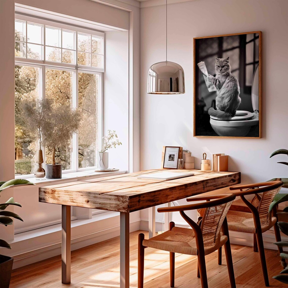 Cat Reading Newspaper on Toilet Funny Bathroom Black White Art Poster - Image 3
