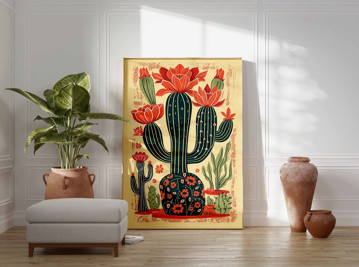 Saguaro Cactus With Orange Blooms Vintage Botanical Art Poster - Image 3