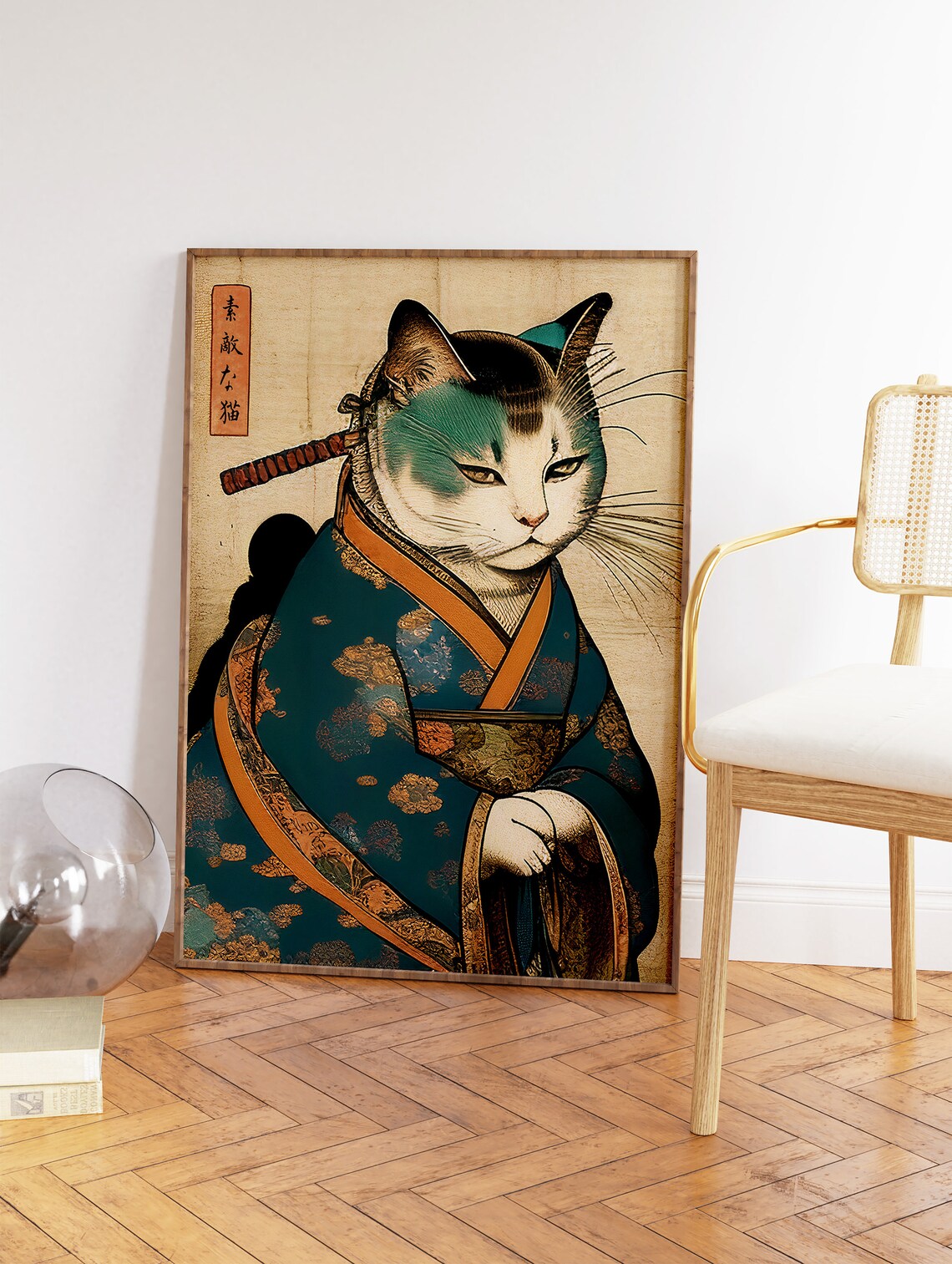 Samurai Cat Japanese Ukiyo E Style Poster With Sword and Kimono Art - Image 2