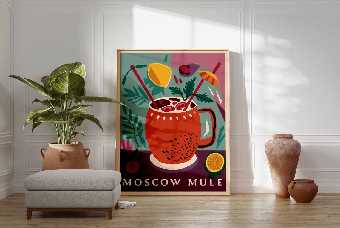 Moscow Mule Copper Mug Plum Cocktail Umbrella Tiki Bar Wall Art - Image 3