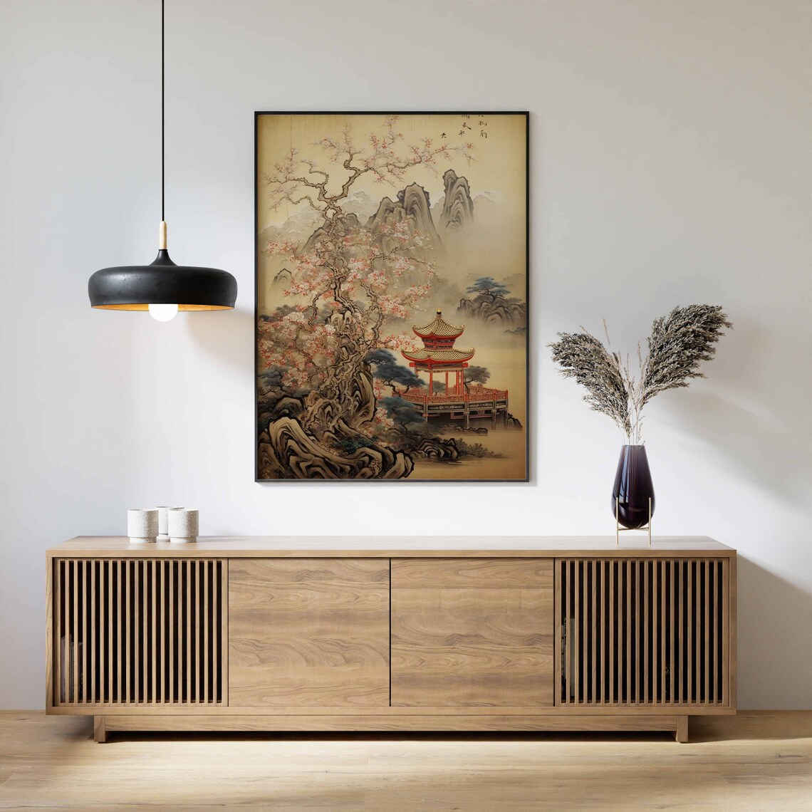 Chinese Vintage Ink Landscape Pagoda Blossom Mountain Scroll Poster - Image 3