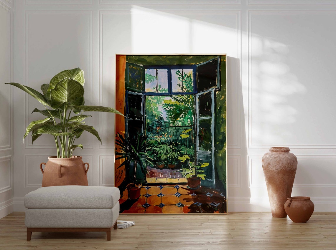 Sunlit Open Window Garden View Bright Orange Wall Painting Poster - Image 2