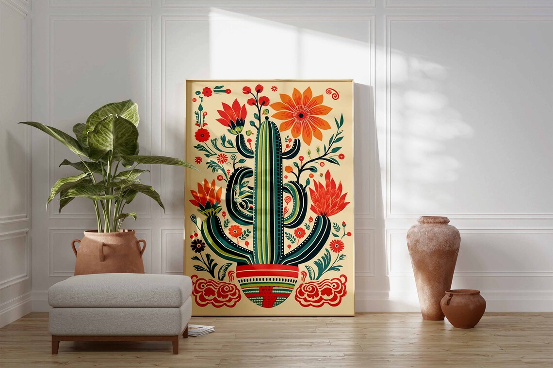 Mexican Folk Art Saguaro Cactus Blooming Flower Desert Poster - Image 2