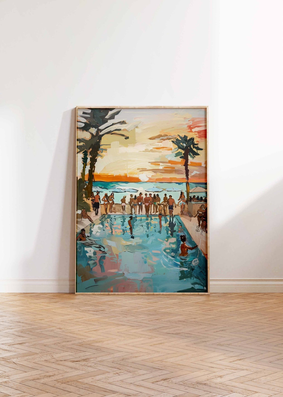 Beach Pool Party Crowd Palm Trees Ocean Sunset Swim Art Poster - Image 3