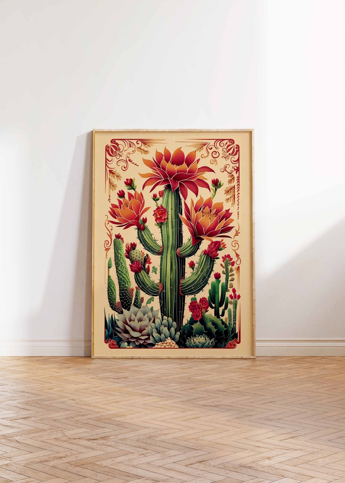Columnar Cactus With Red Orange Flowers Botanical Art Poster Gift - Image 3