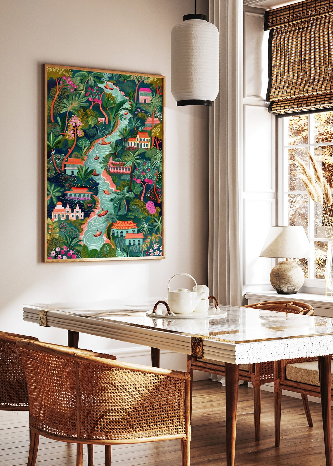 Colorful Indian Folk Art Jungle River Palace Boat Scene Poster - Image 2