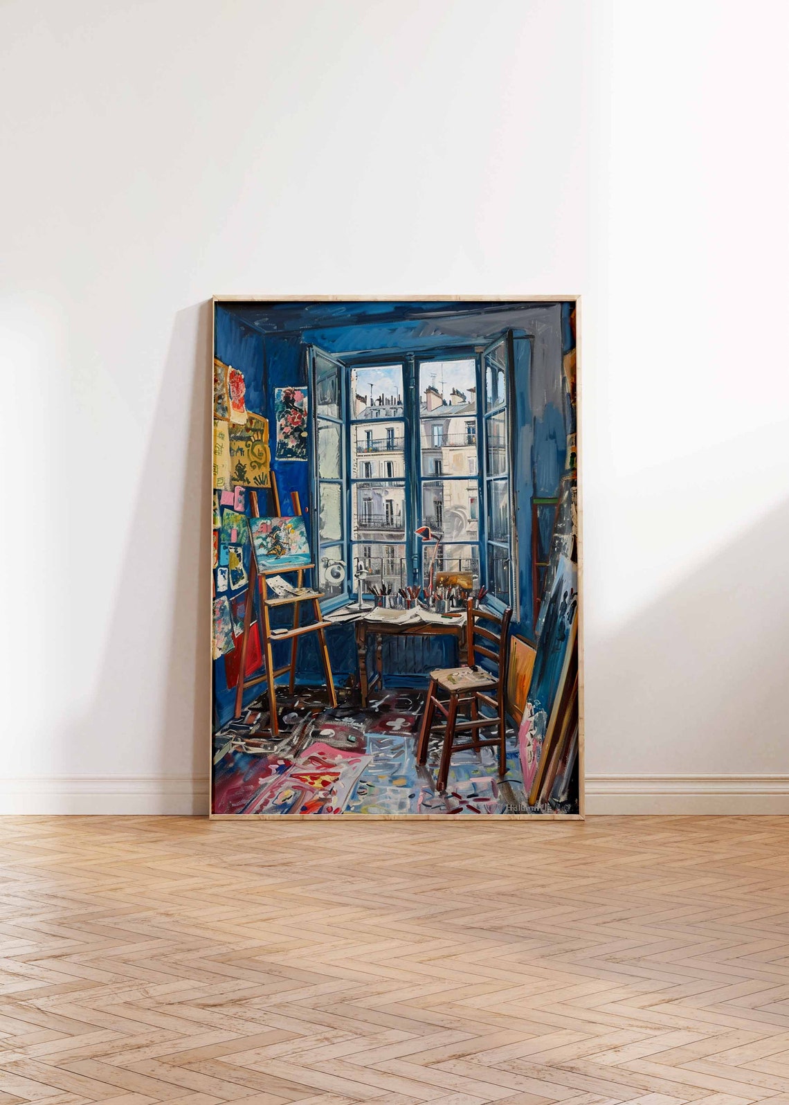 Blue Parisian Studio with French Windows over City Rooftops Poster - Image 2