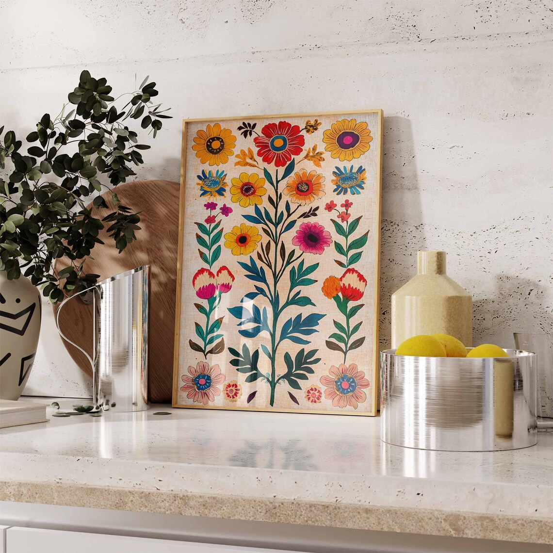 Mexican Floral Folk Art Colorful Botanical Traditional Wall Art - Image 2