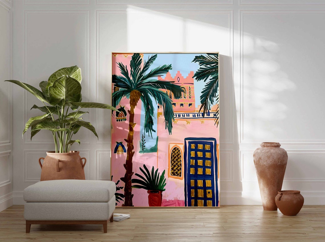 Pink Moroccan Courtyard Palm Trees Riad Style Painting Poster - Image 2