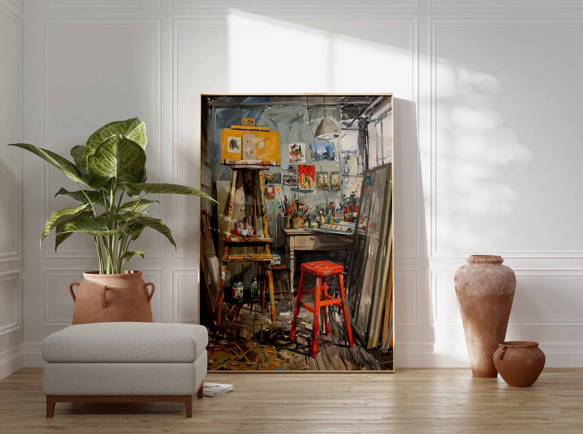 Painter Atelier with Tall Easel and Vintage Red Stool Studio Poster - Image 3