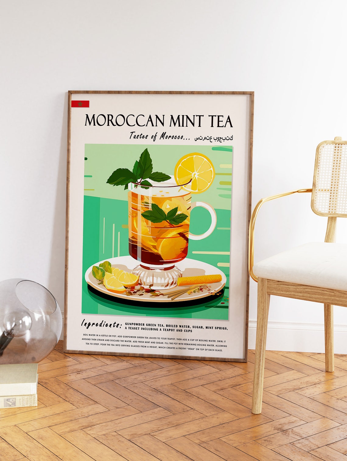 Moroccan Mint Tea Recipe Illustrated Vintage Kitchen Drink Poster - Image 2