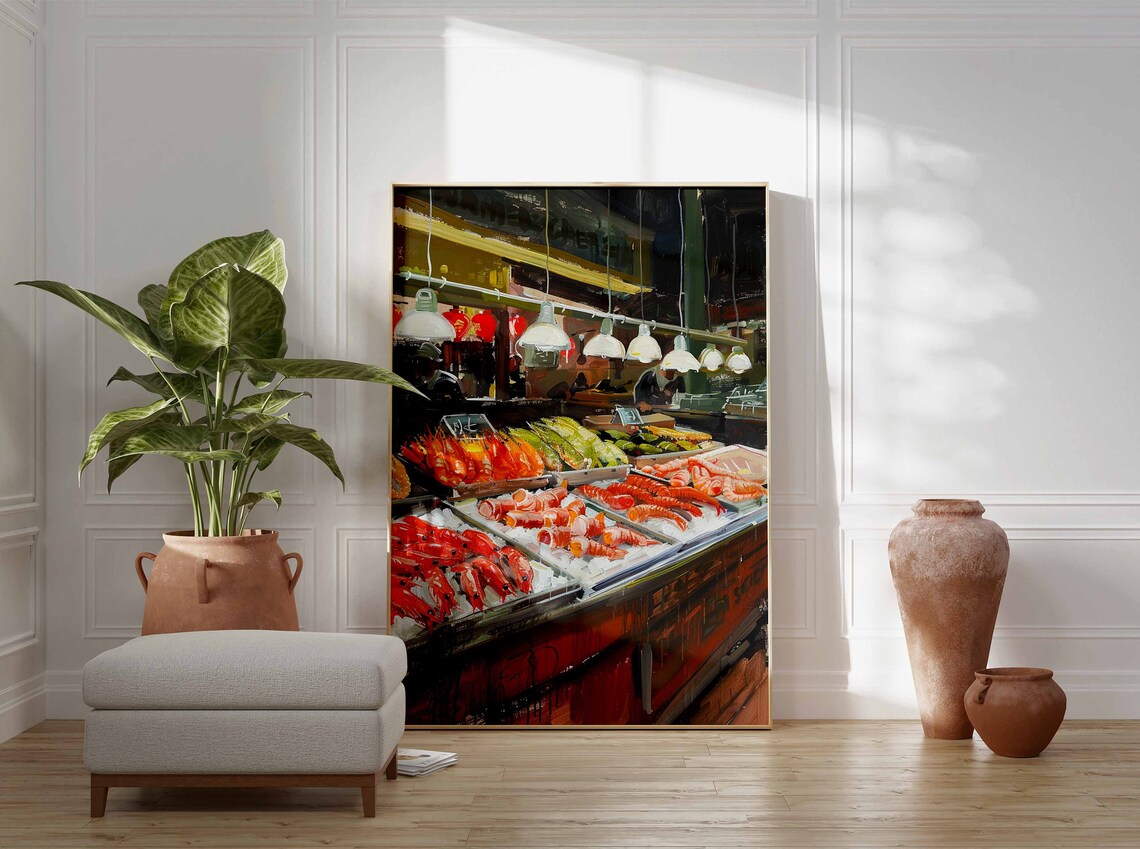 Night Fish Market Stall with Shrimp on Ice Hanging Lamps Poster - Image 3