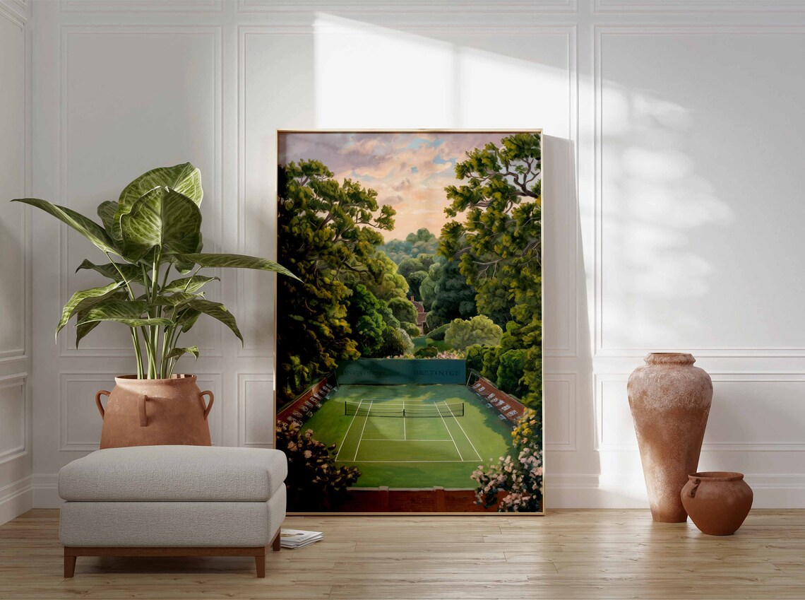 Classic Tennis Grass Court Sunset Brick Stands Blossom Poster - Image 2