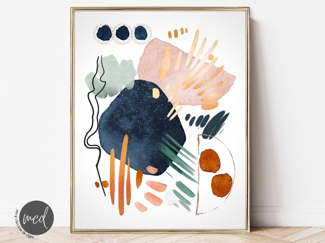 Navy Blue Blush Pink Sage Abstract Watercolor Shapes Wall Poster