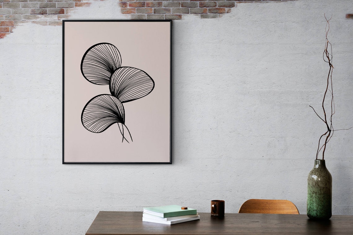 Modern Black Line Leaf Trio Botanical Minimalist Beige Wall Poster - Image 3