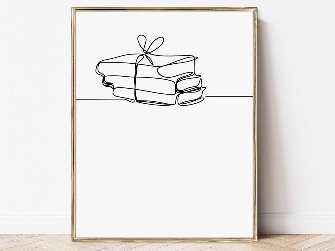 Continuous Line Art Stack Of Books Tied String Minimalist Poster