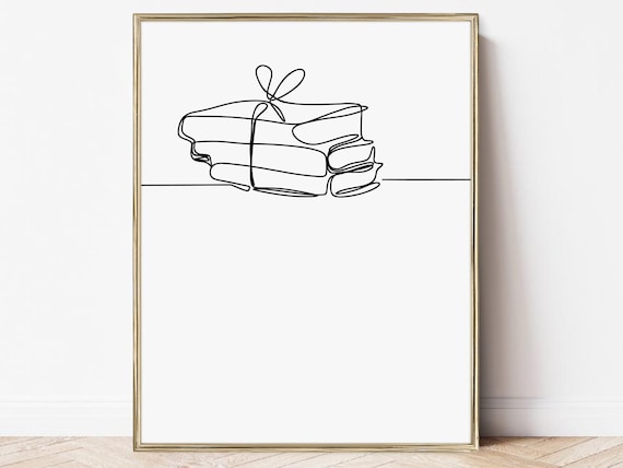 Continuous Line Art Stack Of Books Tied String Minimalist Poster