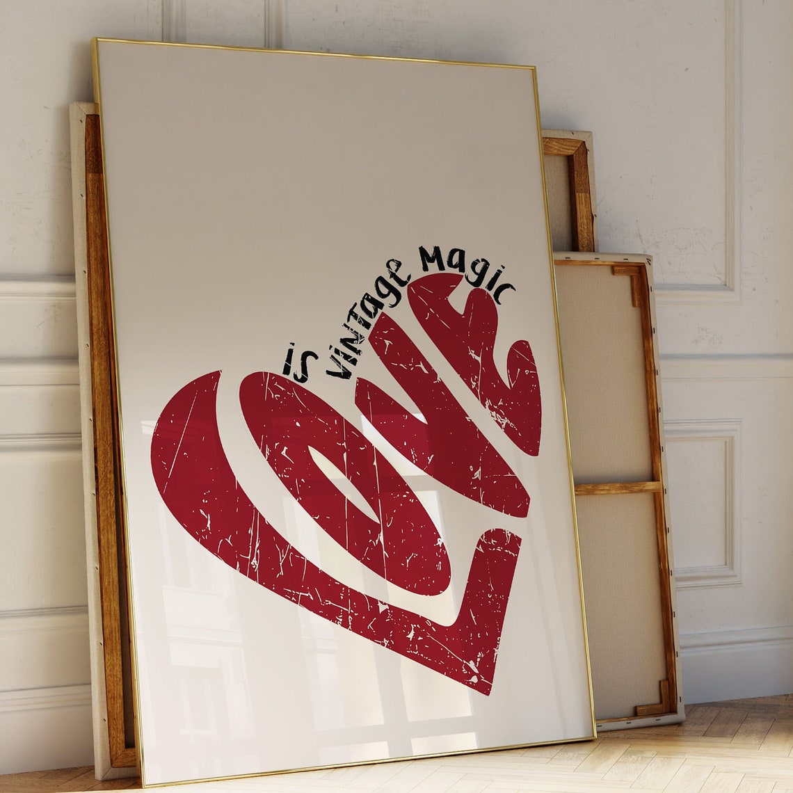 Love Is Vintage Magic Distressed Red Heart Quote Decorative Wall Art