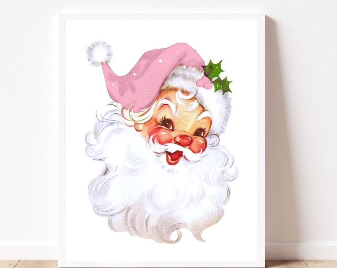 Vintage Santa Face Pink Hat Retro Christmas Holiday Art Poster