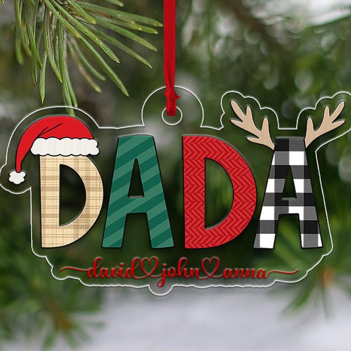 Dada Patterned Letters Ornament with Santa Hat and Antlers Christmas Print