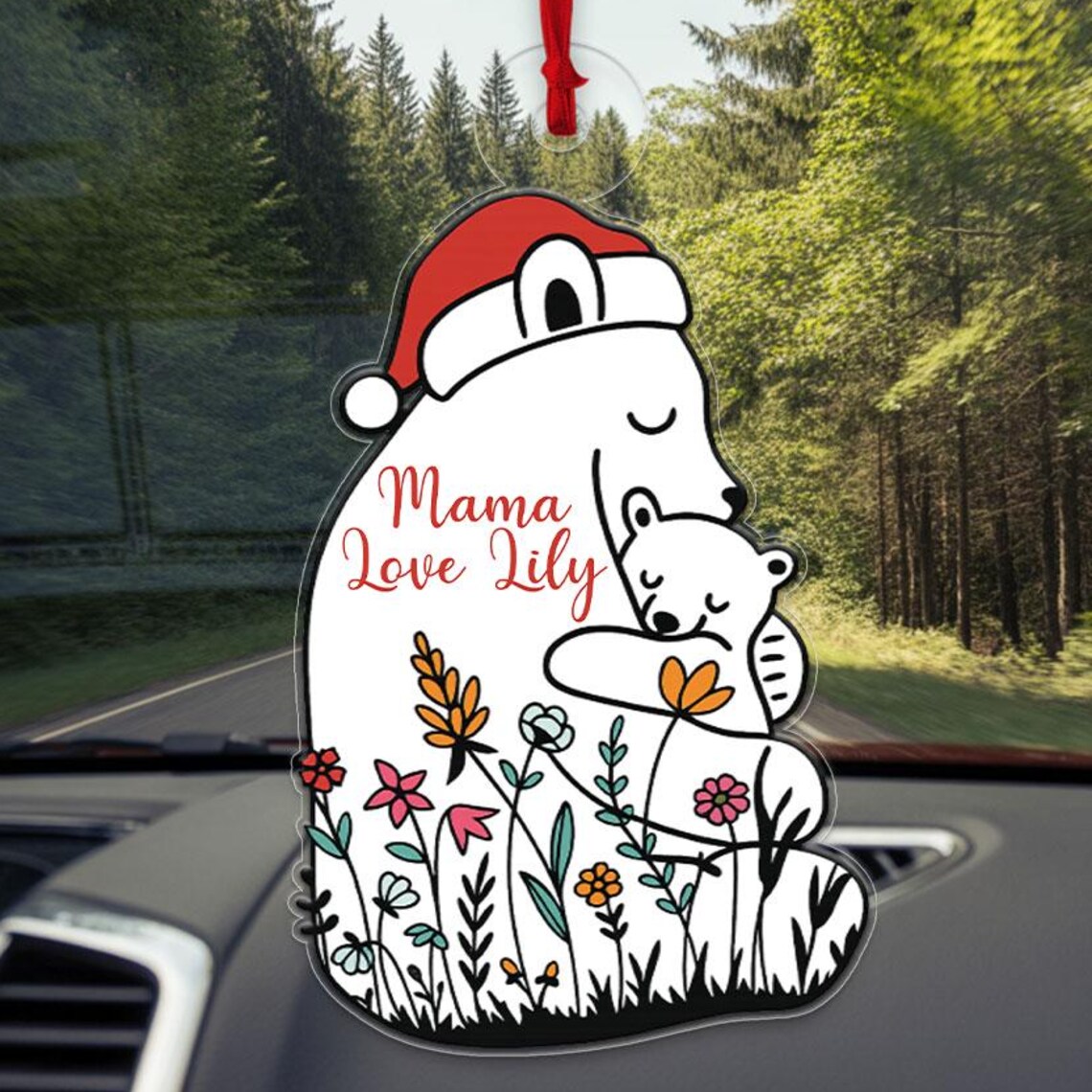 Mama Bear and Cub Ornament with Mama Love Lily Santa Hat Christmas Print