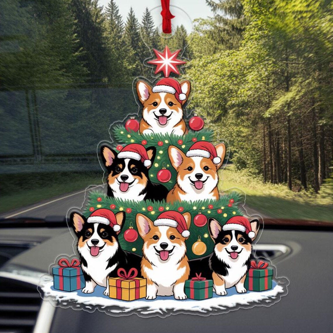 Six Corgis Santa Hats Christmas Tree Gift Boxes Cute Dog Ornament Poster