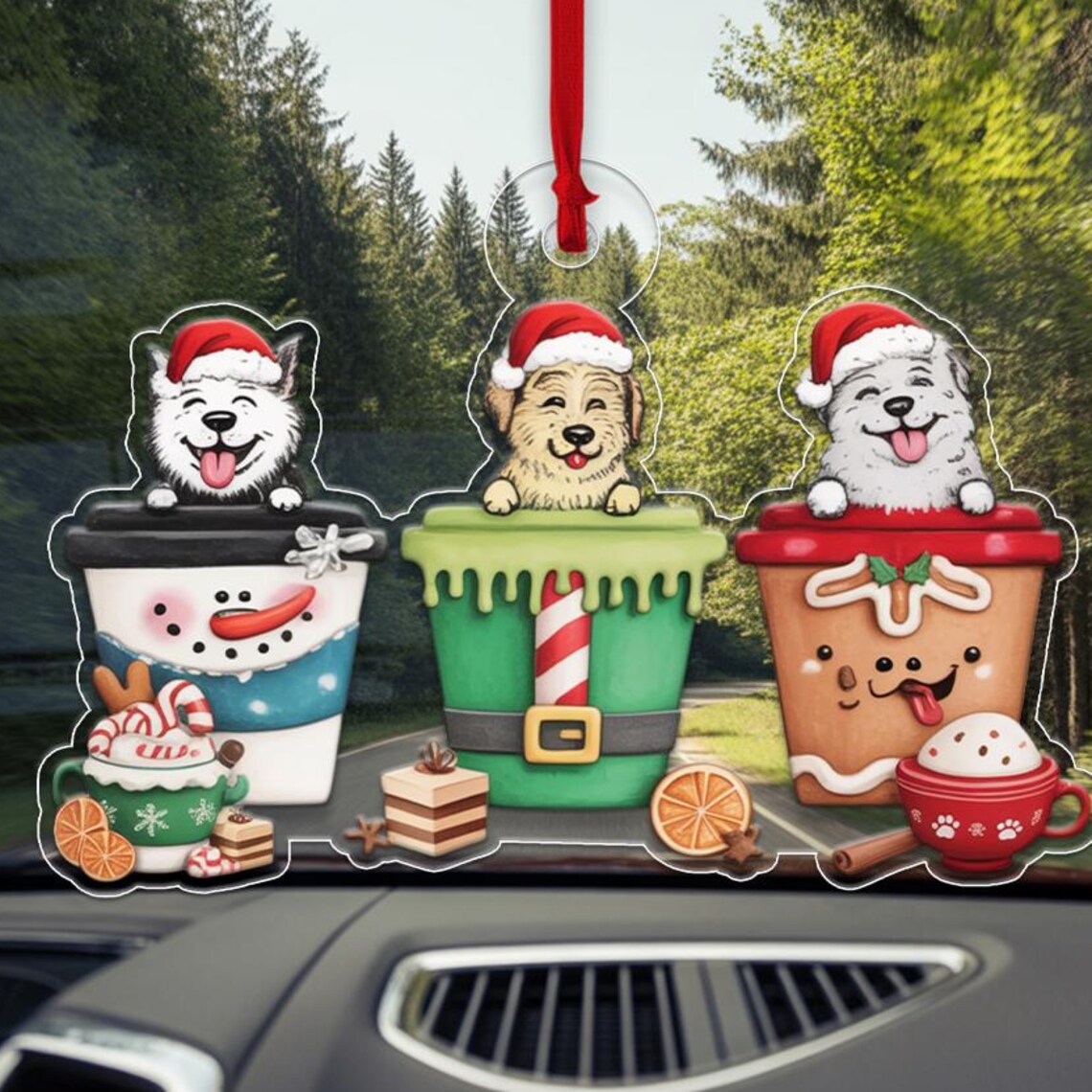 Cute Puppy Trio In Holiday Mugs Santa Hat Dog Lover Ornament Wall Art