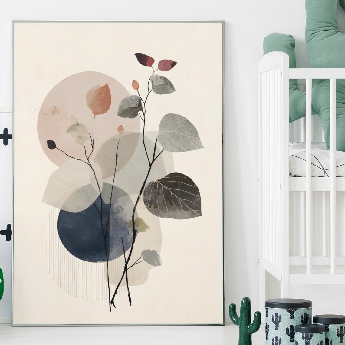 Japandi Abstract Botanical Circles and Leaves Minimalist Poster