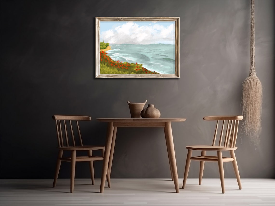Seaside Cliffs Red Poppies Turquoise Waves Cloudy Sky Coast Poster - Image 4