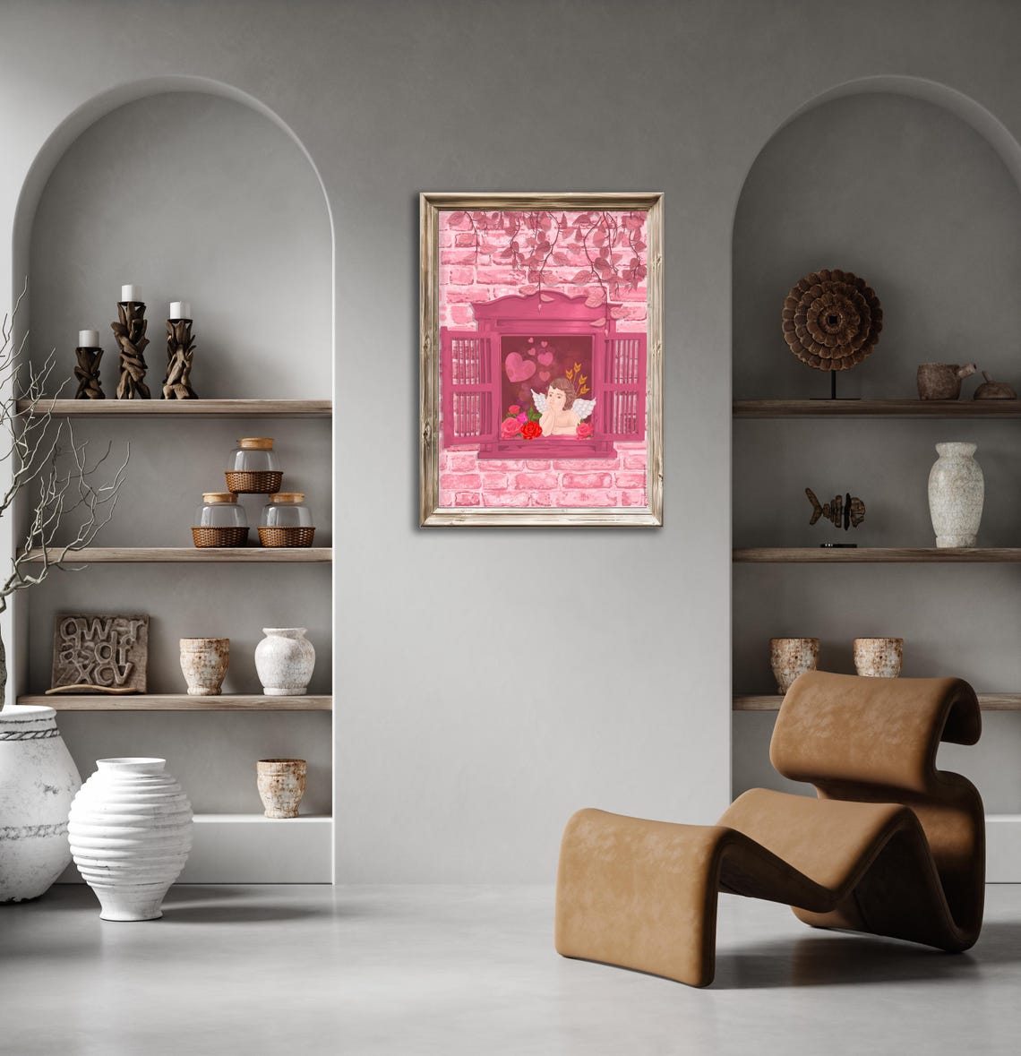 Pink Romantic Cupid Angel Window with Roses and Hearts Poster - Image 2