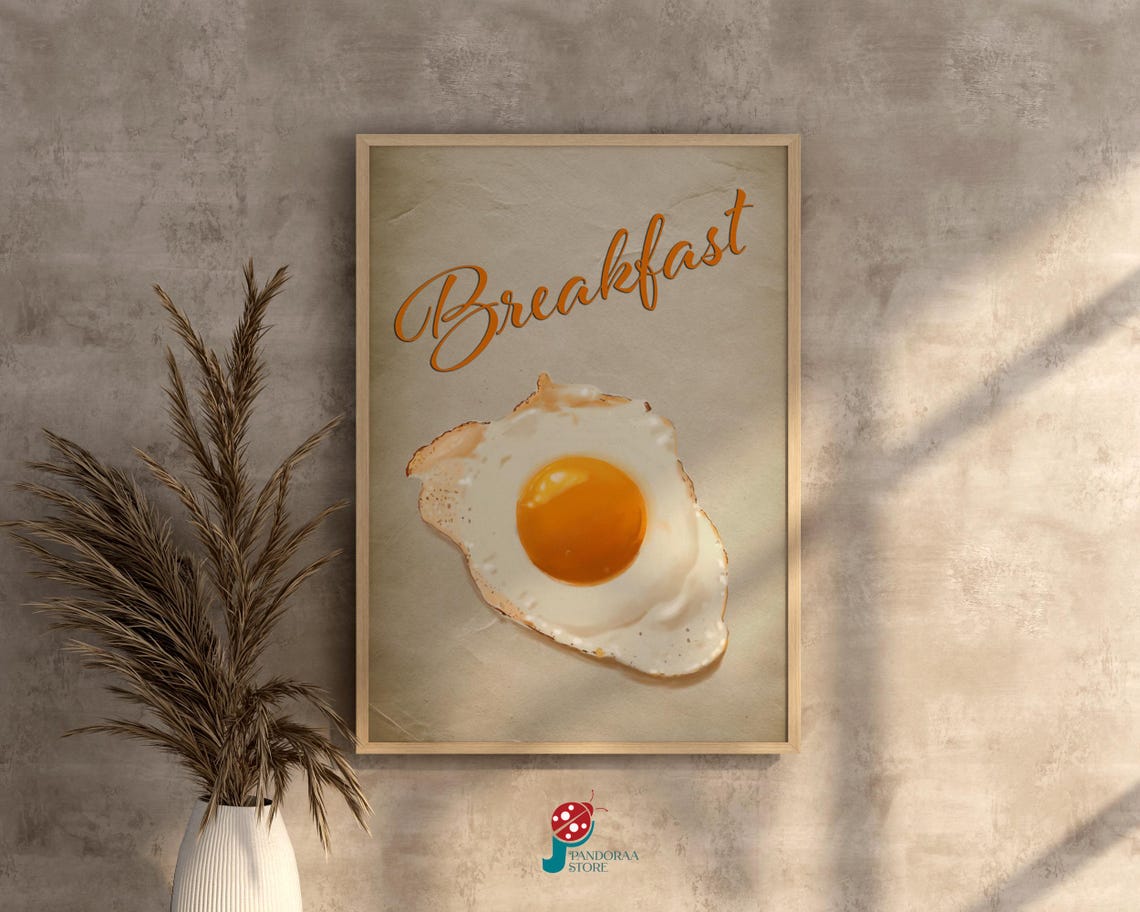 Vintage Breakfast Fried Egg Script Kitchen Wall Art Food Poster