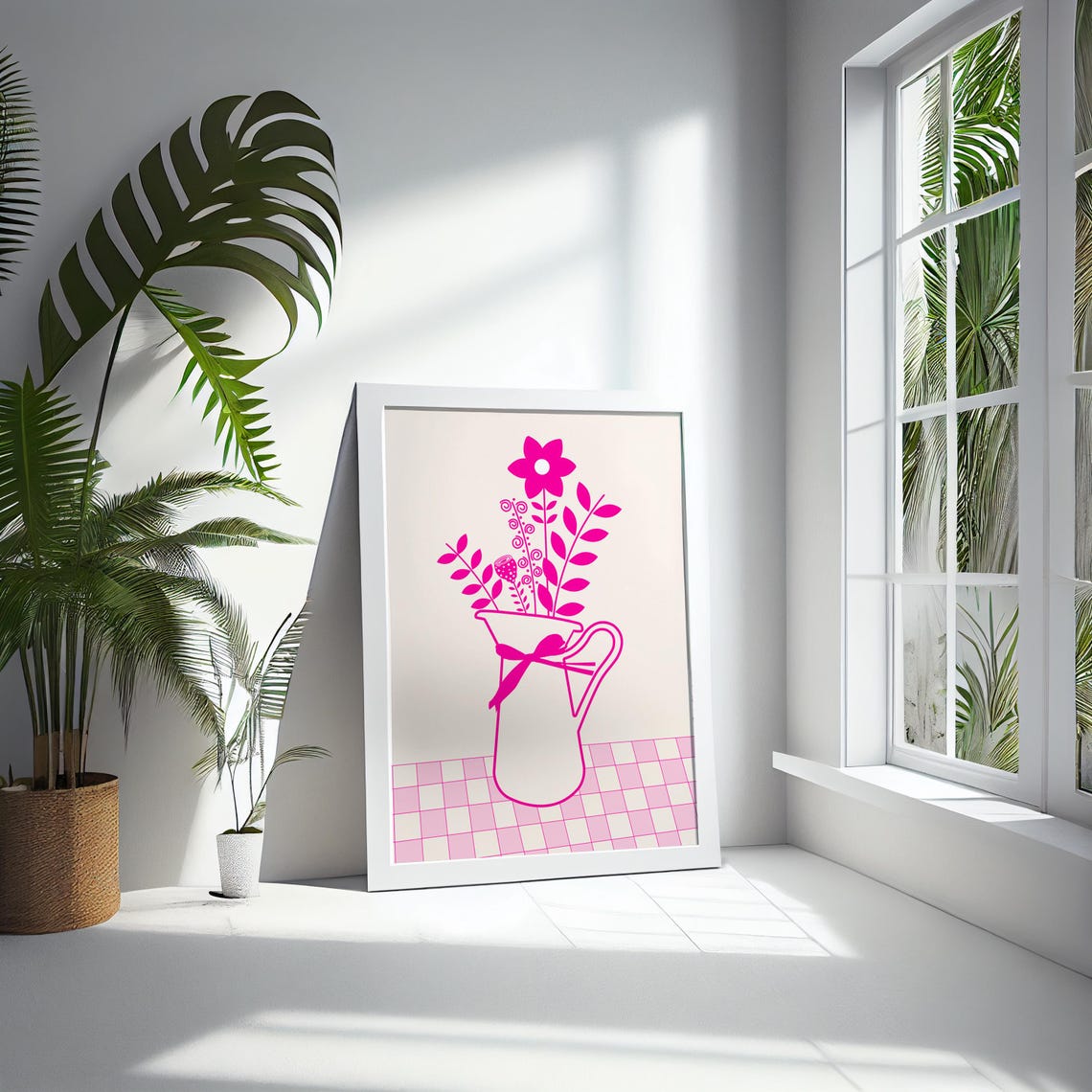 Pink Floral Pitcher Line Art Bouquet Ribbon Farmhouse Kitchen Poster - Image 4