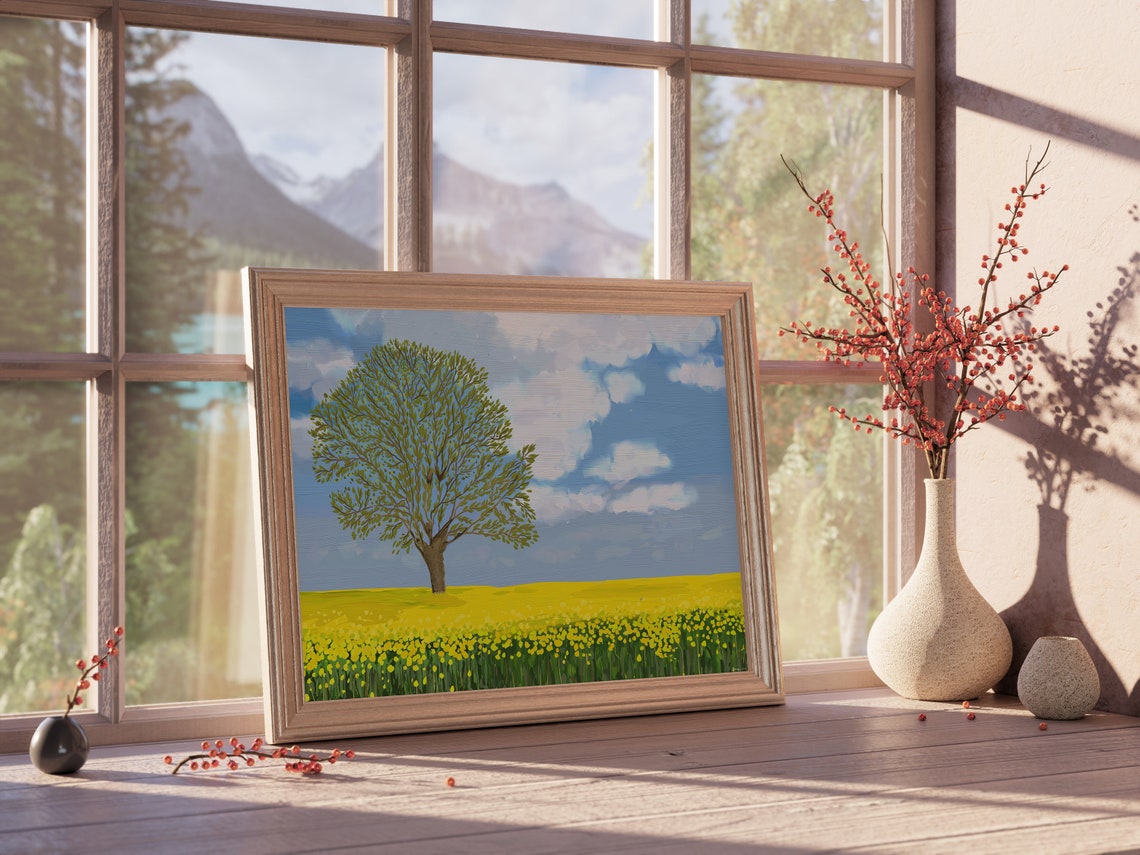 Lone Tree Yellow Flower Field Bright Blue Sky Landscape Wall Print - Image 5
