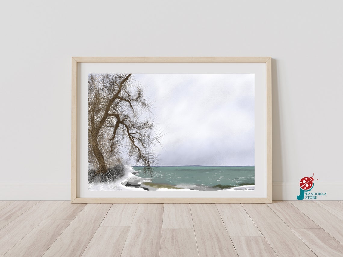 Winter Seashore Icy Rocks Bare Tree Overcast Grey Sea Landscape Poster