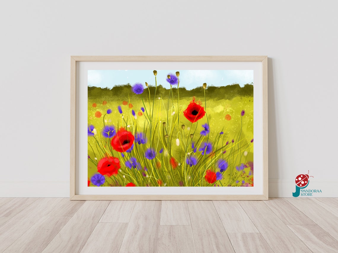 Red Poppies Purple Cornflowers Sunny Meadow Flower Field Print